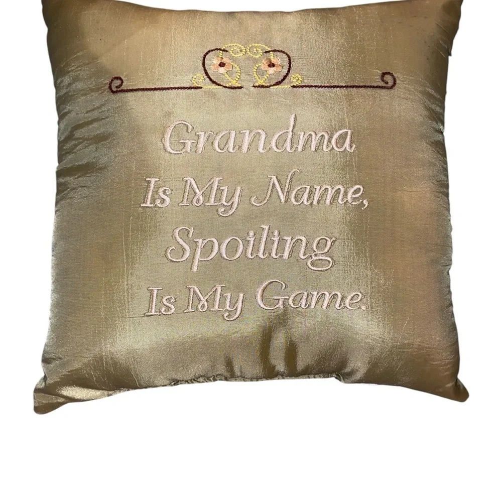 vintage Embroidered Gold Throw Pillow - Grandmas my name Spoiling’s my done